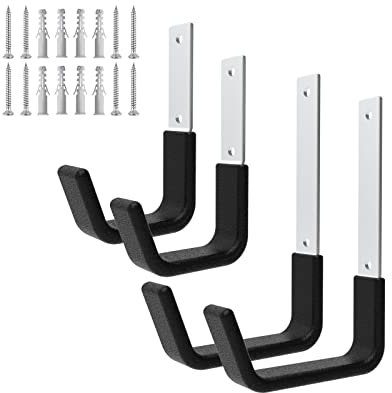 Juformin Crochets utilitaires robustes – Support mural pour rangement de garage, tuyau et cintre de vélo (2 petits et 2 moyens)