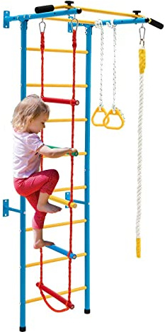 TONGMO Indoor Climbing Playground, Jungle Gym for Kids, Metal Swedish Ladder & Climbing Wall Playset, Sturdy Playground with Rope Ladder, Pull-up Bar, and Gymnastic Rings