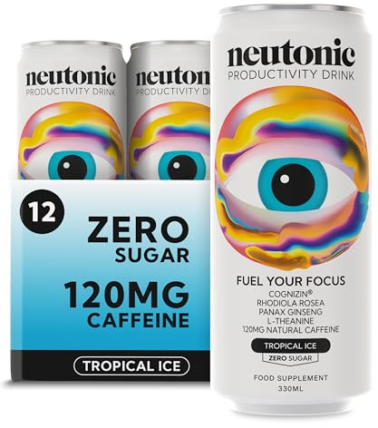 Neutonic Nootropic Productivity Energy Drink | Tropical Ice 12 Cans | 120mg Natural Caffeine, Zero Sugar | Support Energy, Mental Performance, Cognitive Function | Support Focus, Brain Health