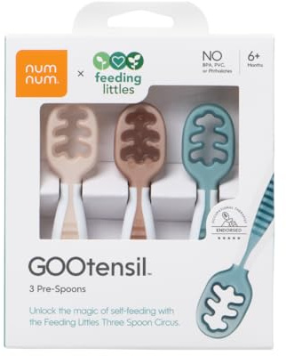 NumNum Baby Spoons Set, Feeding Littles x Silicone Pre-Spoon GOOtensils for Baby Led Weaning, Self-Feeding & Teething, First Stage Toddler Utensils for Ages 6+ Months, 3-Pack, BPA-Free (Neutrals)