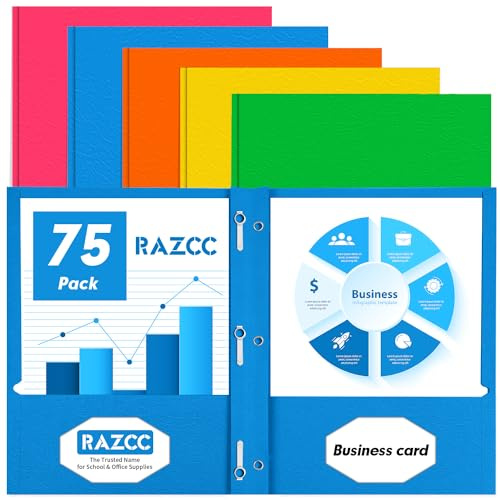 Two Pocket Folders, RAZCC 75 Pack Two Pocket Folders with Prongs, 3 Prong Folders Fit Letter Size Paper, Pocket Paper File Folders for School Office Home Business, Assorted 5 Colors
