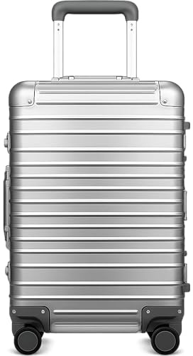 LUGGEX Maleta con ruedas sin cremallera, rígida, marco de aluminio, maletín de viaje con ruedas, pequeño, esquina de metal, plata, 55*38*23CM, Clásico