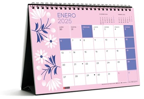 Miquelrius - Calendario de Sobremesa 2025, Calendario A5: 210 x 148,5 mm, Con espacio para anotar, Calendario 2025, Encuadernación espiral doble, Calendario anual escritorio, Español, Diseño Flores