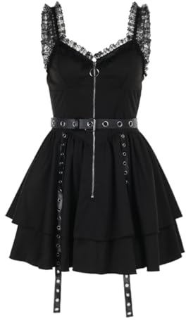 YINGWIN Black Lace Spaghetti Strap Mini Dress Adjustable & Detachable Waist Belt with Long Ties V-Neck A-Line Party Dress for Women Y2K Gothic Cocktail Club Dress for Date Night