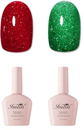 Imtiti Set di 2 smalti UV per unghie, 10 ml, colore rosso e verde, glitterato, smalto per unghie soak off, LED, per autunno, inverno, manicure, salone in gel