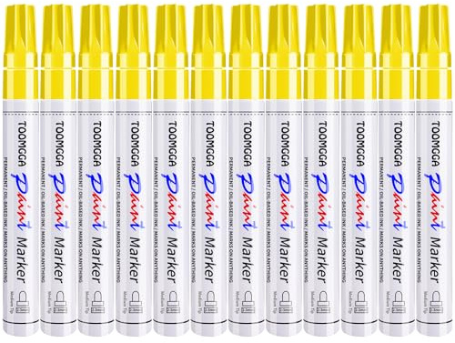 Yellow Permanent Paint Pens Paint Markers - 12 Pack Oil Based Markers, Quick Drying and Waterproof Marker Pen, Car Tire, Metal, Rock Painting, Wood, Ceramic, Plastic, Canvas, Mugs, Medium Tip