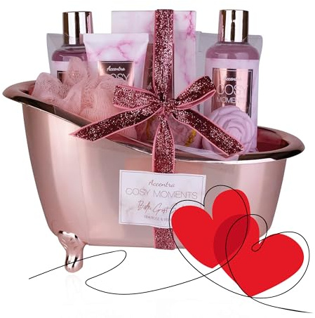Accentra - COSY MOMENTS Set da bagno e doccia in rosa – Set regalo per il relax delle donne per il compleanno o San Valentino – Set regalo e cura del benessere con mini vasca decorativa