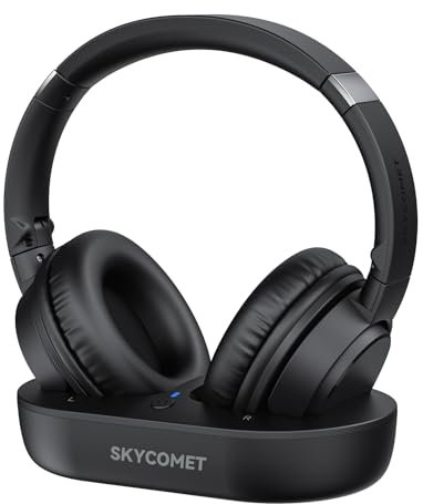 SKYCOMET Cuffie wireless per TV, cuffie wireless per anziani con base di ricarica versatile per trasmettitore, sincronizzazione audio, cuffie Bluetooth per TV, regali di Natale e compleanno per