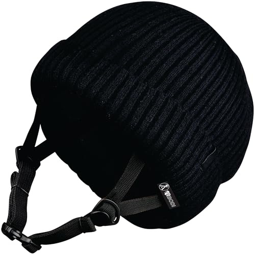A Vebodi Helmet Beanie – Multi-Sport Low Profile Helmet Hat for Snowboarding, Skiing, E-Bikes, Scooters & More – Waterproof Impact Liner – Adjustable Strap – Unisex – One Size Fits All (Black)