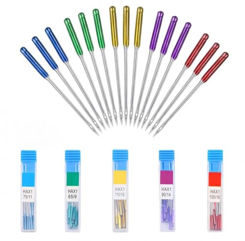 Lot de 60 Aiguilles Machine à Coudre HAX1 Anti-Casse avec Boîte, Tailles 9 11 14 16 18, Aiguilles Colorées pour Identification Facile et Couture sur Tous Tissus