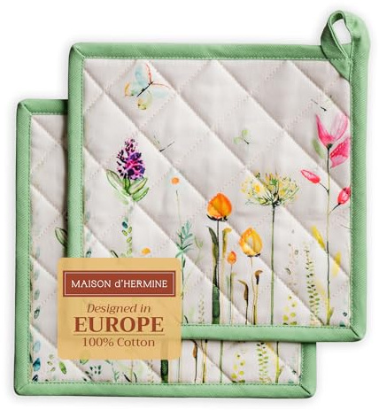 Maison d' Hermine Set di presine, 100% cotone, resistenti al calore, 20 cm x 20 cm, con anello per barbecue, per maneggiare padelle calde, Primavera Estate (Botanical Fresh, confezione da 2)