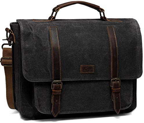 Axelväska herr, Kasgo vattentät vaxad duk av äkta läder portfölj passar 15,6 tums laptop vintage laptopväskor axelväska med avtagbar rem återanvändbar, GRÅ, Retro