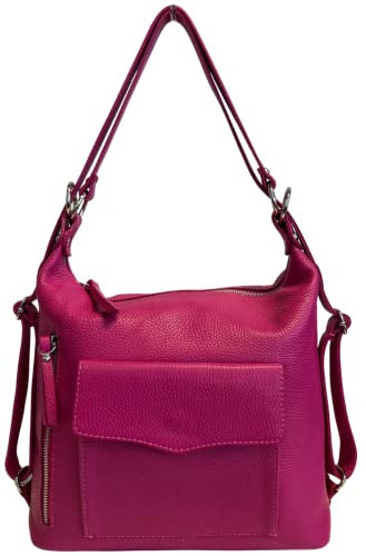 Modarno Borsa a spalla Italiane, borsa a zaino da donna 2 in 1, in vera pelle (Fucsia)