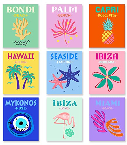SUPERDANT 9PCS Couleur Affiches Decoration Murale Décoration Murale Plage Paysage sans Cadre Impressions sur Toile Esthétique Preppy Chambre Décor Mur Art Collège Dortoir Ouverture de L'école