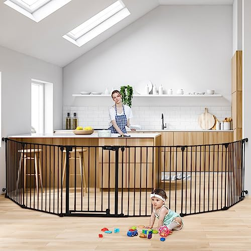 COMOMY 150 Extra Wide Baby Gate with Door, Dog Gates for The House Doorways Fireplace, Auto Close Baby Fence Play Area, Walk Through Pet Gate, Hardware Mounted, 6-Panels (30 Tall, Black)