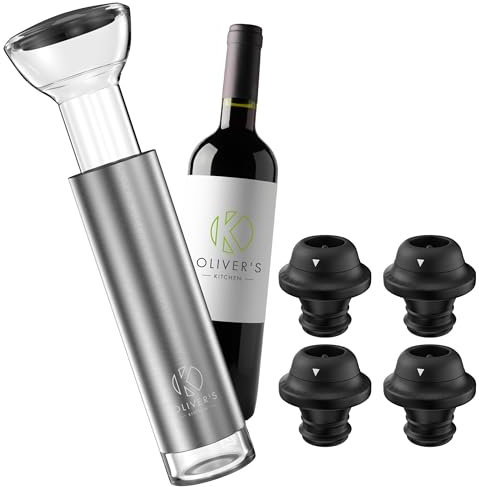 Oliver's Kitchen ® Premium Wine Saver - Vacuum Pump with 4X Wine Stoppers - Wine Stopper Keeps Wine Fresher for Longer - Wine Preserver Perfect for Cork Bottles - Perfect Wine Accessories Gift