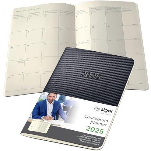 SIGEL C2585 Monats-Kalenderheft Monatsplaner 2025, ca. A6, schwarz, Softcover, 2 Seiten = 1 Monat, 64 Seiten, Quickpocket, aus nachhaltigem Papier, Conceptum