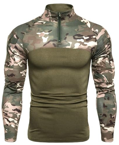 Camiseta de Camuflaje para Hombre - Manga Larga, Transpirable, Secado Rápido - Táctica 1/4 para Caza, Combate, Camping, Senderismo - Ropa de Exterior