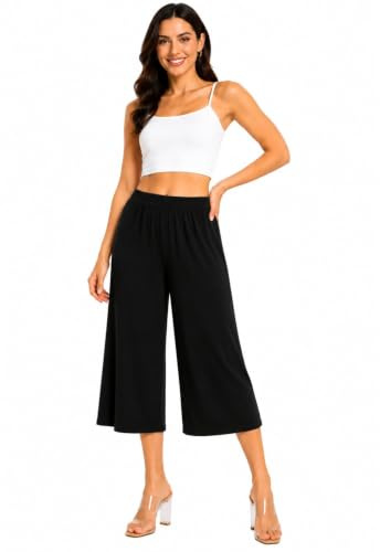 SXME MIGHT SAY Pantalon Palazzo 3/4 uni à jambe large et évasé pour femme, jupe-culotte pour femme (XXL (20-22), noir)