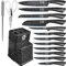 XYJ Authentic Since 1986 - Set di coltelli da cucina con portacoltelli, set professionale di coltelli da cucina giapponesi, per intagliare e affettare, coltello da bistecca e da pane, colore nero