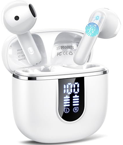 Auriculares Inalámbricos Bluetooth, 2025 Auriculares Bluetooth 5.4 HiFi Estéreo con 4 HD Micrófono, 40H Cascos Inalambricos Bluetooth, IP7 lmpermeable Carga Rápida USB-C, Ajuste Cómodo LED Blanco