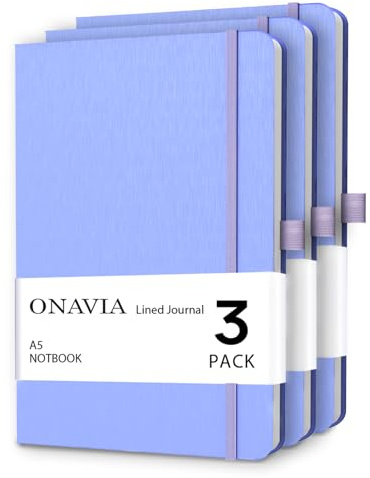 ONAVIA Diario a righe formato A5, 7 mm, blocco note a righe per scrivere, lavoro, scuola, viaggi e prendere appunti, copertina rigida 160 pagine (80 fogli) 14,7 x 21,1 cm (confezione da 3 pezzi) blu