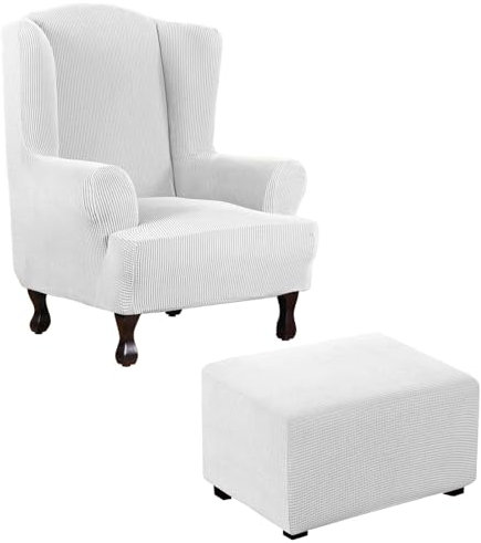 Stretch Wingback Chair Cover Furniture Protector Slipcover for Armchair Ottoman and Footstool White Rectangle XXL Size
