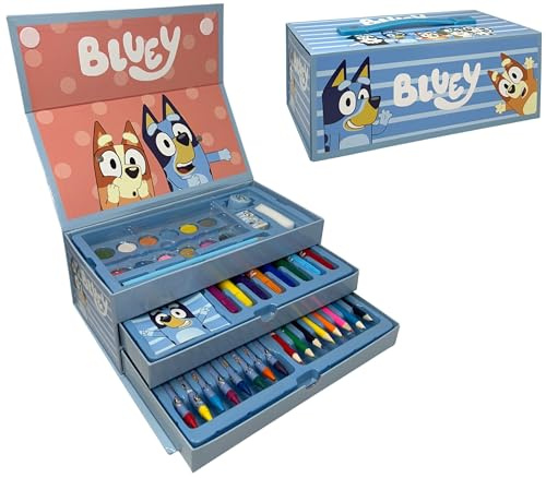 CARTOON Bluey et Bingo Kit Coloriage Enfant 52 Pièces Coloriage et Papeterie Boîte avec Tiroirs, Kit Dessin et Peinture