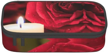 Red Rose with Candle Large Capacity Pencil Case Stationery Storage Bag with Zipper Boys Girls Students School