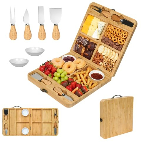 Reversible Charcuterie Board, 2 in 1 Foldable Cheese Board and Knives Set | Grazing Board for Travel Picnics Serving Platter for Snack Appetisers