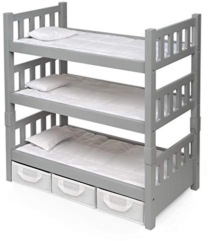 Badger Basket Convertible 3 in 1 Doll Bunk Bed - Stackable Triple Bed with with Bedding, Storage & Personalization Kit - Doll Furniture for Girls - Fits 14 to 20 Inch Dolls - Executive Gray