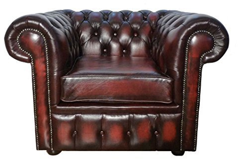Chesterfield Club Chair in Genuine Antique Oxblood Red Leather – Handmade in UK – Classic Low Back Armchair with Stud Detailing & Mahogany Feet – Solid Hardwood Frame – Vintage Style Sofa Chair