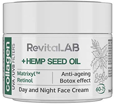 RevitaLAB Day and Night Collagen Anti-Aging Moisturiser, enriched with Hyaluronic Acid, Matrixyl® 3000, Hemp Seed Oil, and a UVA/UVB Filter for Ages 60 - 75, 50 ml