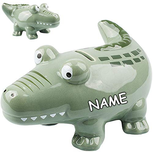 alles-meine.de GmbH große XL Spardose Motivwahl lustiges Krokodil - inkl. Name - stabile Sparbüchse - aus Porzellan/Keramik - mit Verschluss - 18,5 cm - Sparschwein - für K..