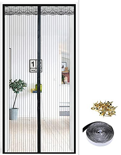EMSMIL Magnétique Moustiquaire Porte 90 x 210cm Maille Ultra Fine Noir Rayure Rideau Anti Mouche Insectes pour Portes Patio Bande Adhésive Sans Perçage Sans Outil Facile Fermeture Automatique