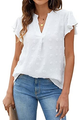 Blooming Jelly Womens White Blouse V Neck Ruffle Sleeve Flowy Shirts Dressy Casual Cute Summer Tops(Medium, White)