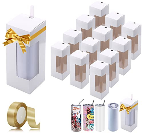 12PCS Tumbler Gift Boxes with Ribbon for Blank Sublimation Tumblers, Transparent Gift Packaging Box for 15oz 20oz Skinny Straight Tumbler Cup, Birthday Presents,Mothers Day Gifts,Nurses Week Gifts