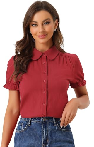 Allegra K Women's Short Sleeve Button-Up Peter Pan Collar Blouse, Burgundy, M