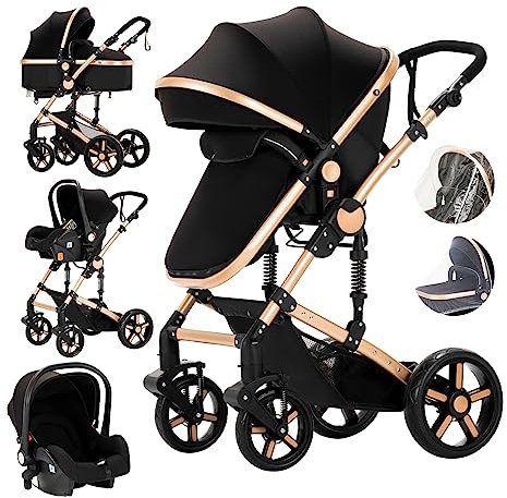 MoLi Kinderwagen 3 in 1, Kinderwagen Set Umkehrbarem Doppelschiebemodus, Kombikinderwagen 3 in 1 Großer Bequemer Babywanne, Buggy Rahmen Aluminiumlegierung Faltbar Hohe Landschaft (588 Noir Gold)