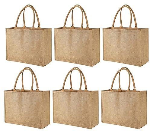 MSYU 6 Pack Burlap Tote Bags, Large Jute Canvas Gift Favors Bag with handles, Blank Reusable Beach Bags Blank for Mother Teacher Bridesmaid Wedding Shopping DIY Decorating