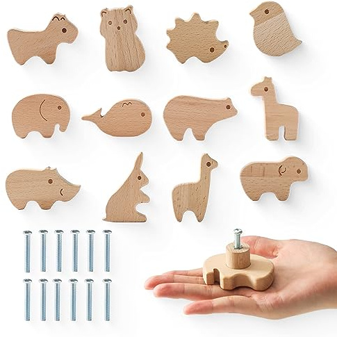 OESSUF Lot de 12 boutons d'armoire en bois pour chambre d'enfant, Poignée de meuble en forme d'animal pour chambre d'enfant, Poignée d'armoire en bois de couleur bûche pour enfants