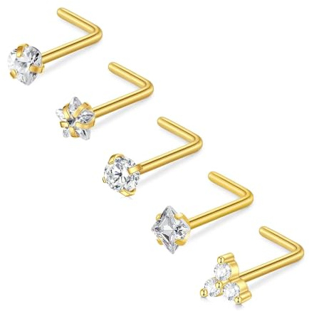 CIZME 5pcs Nose Stud Screw Gold L Shaped Curved Nose Bar 22G 7mm Stainless Steel 22G with Heart Star CZ Piercing Jewellery