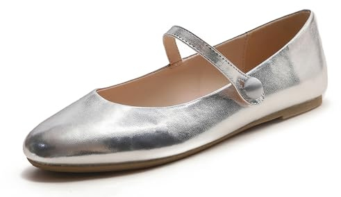 Feversole Mary Jane Lack Damenschuhe Flache Pumps geschlossen Bequeme Schuhe Helles Silber 39