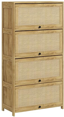 HOMCOM Armario de Cocina Estilo Boho con 4 Puertas Abatibles, Aparador de Cocina de Aglomerado y Ratán, 70x32x132,8 cm, Color Madera
