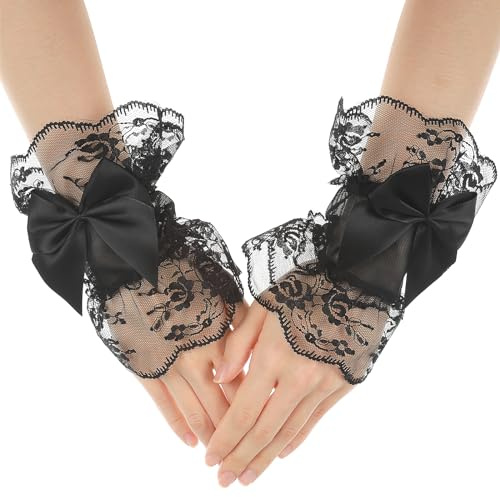 Yolev Guanti in Pizzo Fiocco Maglia da Sposa Guanti Neri Senza Dita Donna Rete Matrimonio Damigella d'Onore Festa Tea Party Dress Halloween Masquerade Cosplay Funerale Fiocco