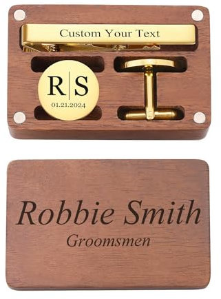 MeMeDIY Boutons de Manchette et Pince à Cravate Personnalisée avec Boîte en Bois Gravée Boutons de Manchette de Mariage avec Lettre Nom Texte Gravée pour Le Marié/Papa/Hommes C2