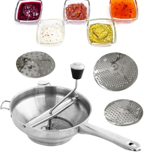 Edelstahl Lebensmittelmühle, Ergonomische Lebensmittelmühle mit 3 Frässcheiben, Drehbare Küchenmühle mit Griff, Handkurbel Lebensmittelzerkleinerer für Apfelmus und Kartoffeln, Langlebige