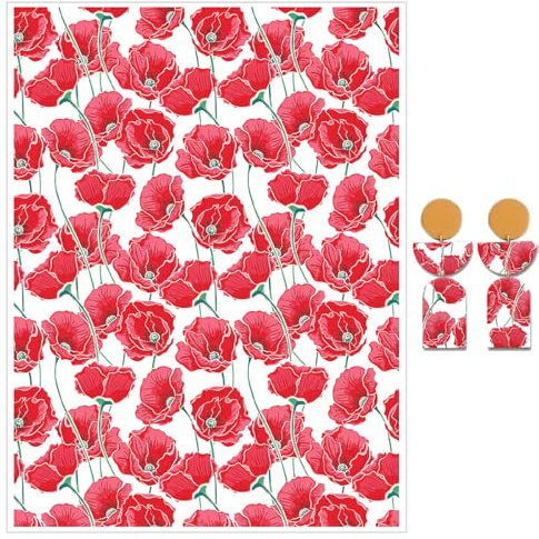 Briartw 10 Sheets Red Poppy Blossom Pattern Polymer Clay Transfer Paper,Per Sheet 3.93inch x 5.82inch Polymer Clay Transfer Sheets for DIY Clay Jewelry Making Disposable Stickers