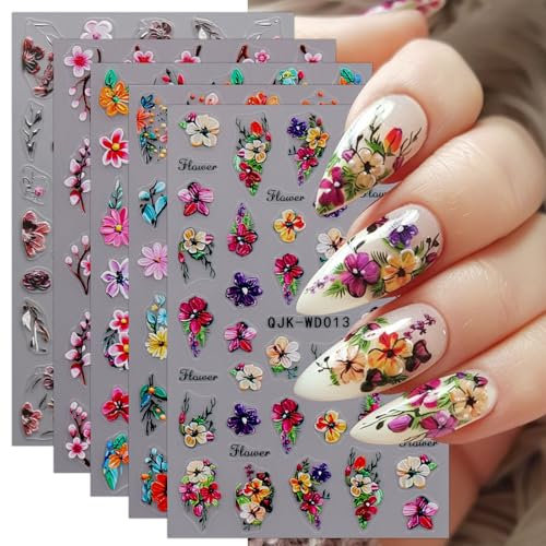 JMEOWIO Nagelsticker Blumen 6 Blatt Nail Art Sticker Selbstklebend Nagelaufkleber Sommer Blumen Dekoration Nageldesign Zubehör