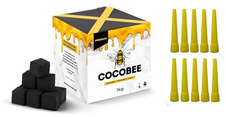 Black Coconut Carbón DISPAU COCOBEE Premium de 1Kg 26 X 26 MM + 10 BOQUILLAS DE Silicona,1KG Carbón Natural de Coco Premium Cachimba y BBQ - Briquetas de Carbón de Coco Shisha y Barbacoas.